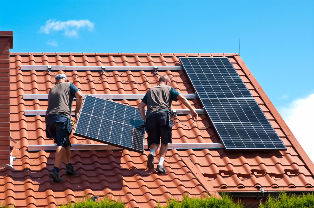 Zwei Handwerker tragen eine Photovoltaikplatte auf einem Dach, bereit zur Montage neben zwei bereits montierten Platten.